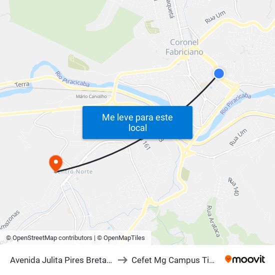 Avenida Julita Pires Bretas, 438 to Cefet Mg Campus Timóteo map