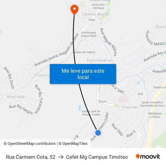 Rua Carmem Cota, 52 to Cefet Mg Campus Timóteo map