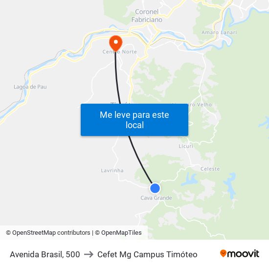 Avenida Brasil, 500 to Cefet Mg Campus Timóteo map