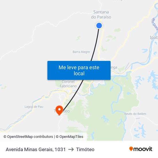 Avenida Minas Gerais, 1031 to Timóteo map