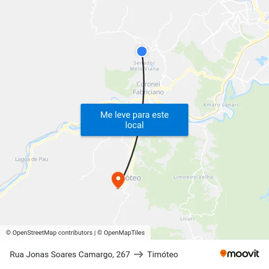 Rua Jonas Soares Camargo, 267 to Timóteo map