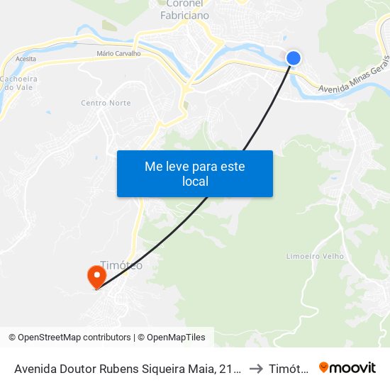 Avenida Doutor Rubens Siqueira Maia, 2111 to Timóteo map