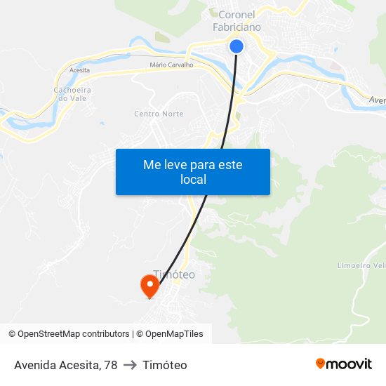 Avenida Acesita, 78 to Timóteo map