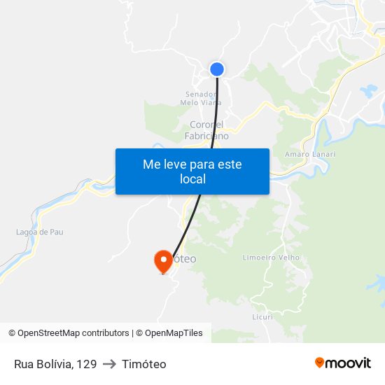 Rua Bolívia, 129 to Timóteo map