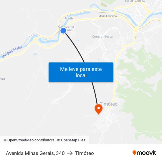 Avenida Minas Gerais, 340 to Timóteo map