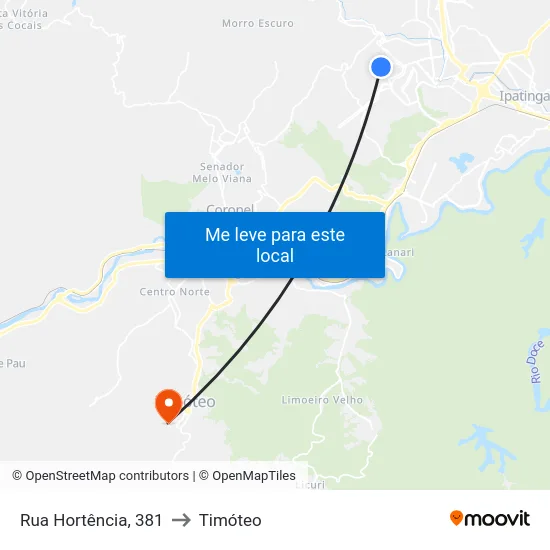 Rua Hortência, 381 to Timóteo map