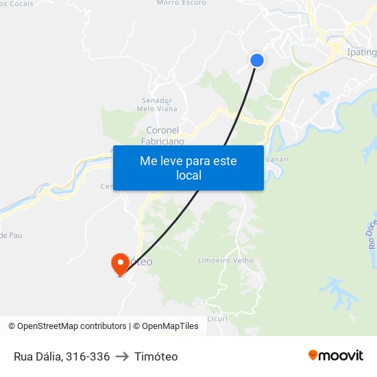 Rua Dália, 316-336 to Timóteo map