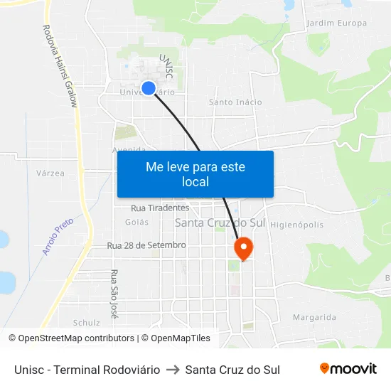 Unisc - Terminal Rodoviário to Santa Cruz do Sul map