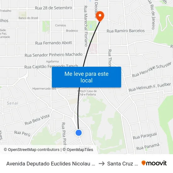 Avenida Deputado Euclides Nicolau Kliemann, 270 to Santa Cruz do Sul map