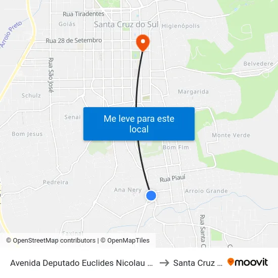 Avenida Deputado Euclides Nicolau Kliemann, 1321 to Santa Cruz do Sul map