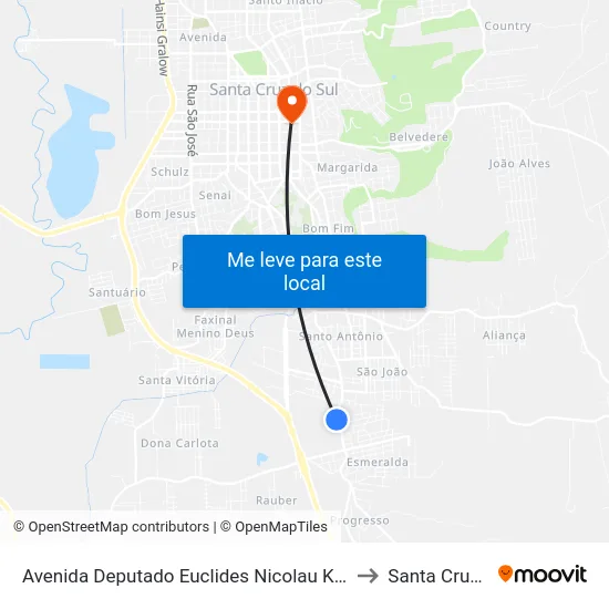 Avenida Deputado Euclides Nicolau Kliemann, 3479-3639 to Santa Cruz do Sul map