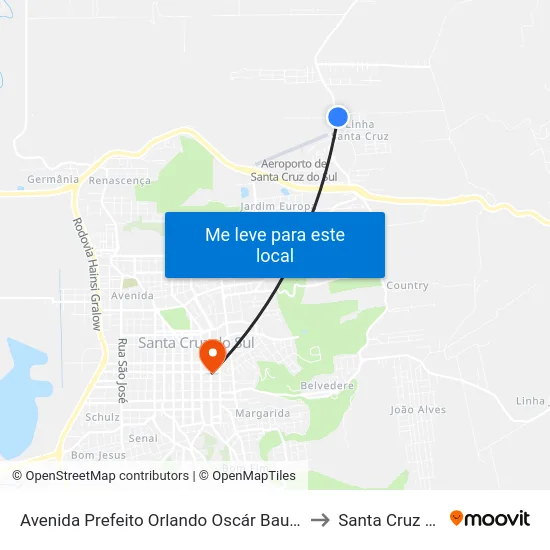 Avenida Prefeito Orlando Oscár Baumhardt, 2-58 to Santa Cruz do Sul map