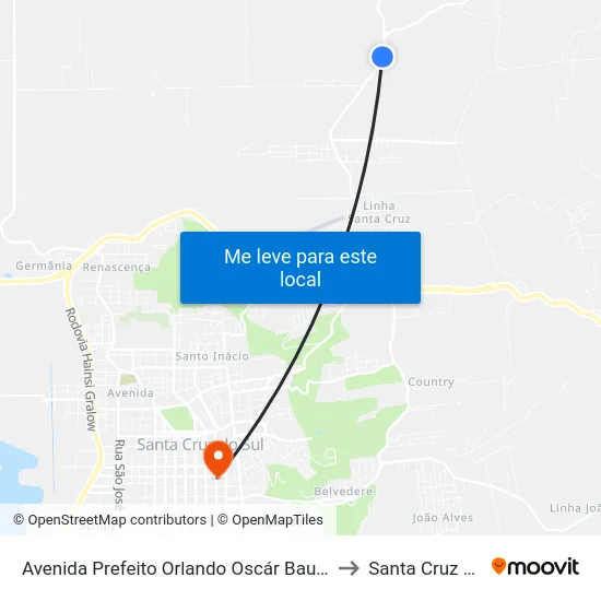 Avenida Prefeito Orlando Oscár Baumhardt, 270 to Santa Cruz do Sul map