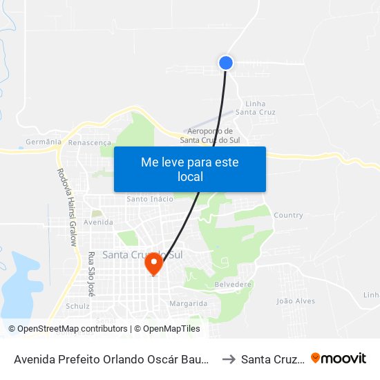 Avenida Prefeito Orlando Oscár Baumhardt, 2215-2335 to Santa Cruz do Sul map