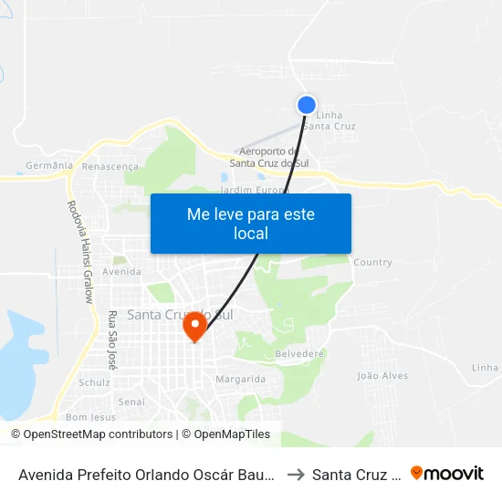Avenida Prefeito Orlando Oscár Baumhardt, 92-156 to Santa Cruz do Sul map