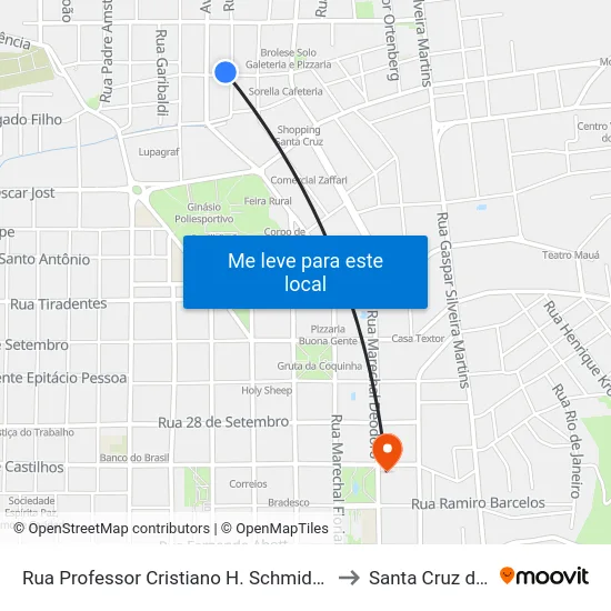 Rua Professor Cristiano H. Schmidt, 196-252 to Santa Cruz do Sul map