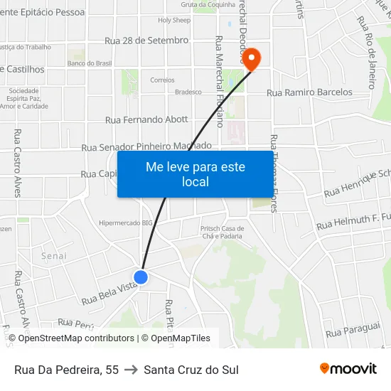 Rua Da Pedreira, 55 to Santa Cruz do Sul map