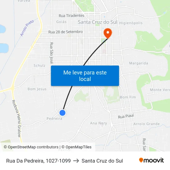 Rua Da Pedreira, 1027-1099 to Santa Cruz do Sul map