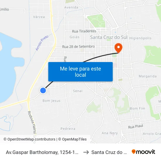 Av.Gaspar Bartholomay, 1254-1326 to Santa Cruz do Sul map