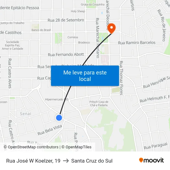 Rua José W Koelzer, 19 to Santa Cruz do Sul map