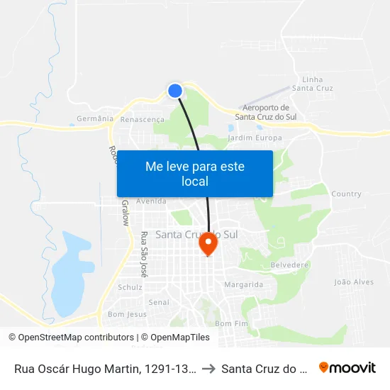 Rua Oscár Hugo Martin, 1291-1333 to Santa Cruz do Sul map