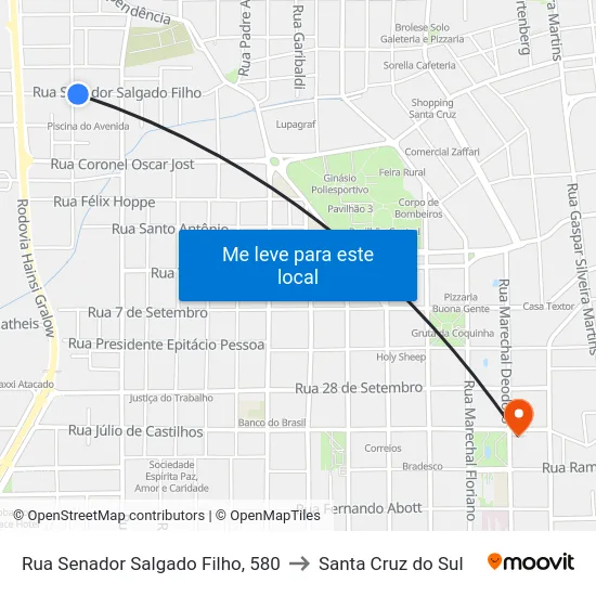 Rua Senador Salgado Filho, 580 to Santa Cruz do Sul map
