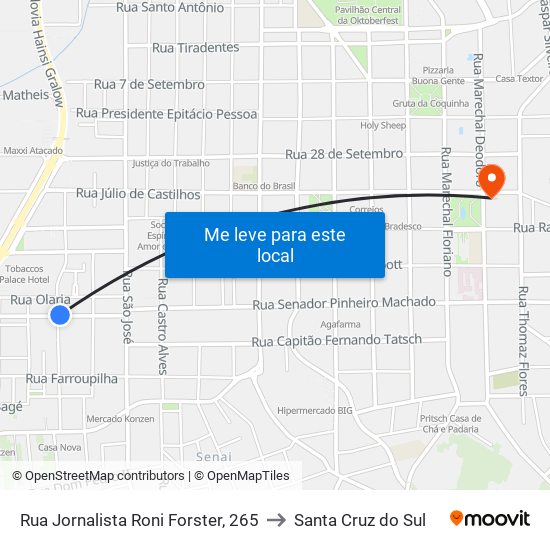 Rua Jornalista Roni Forster, 265 to Santa Cruz do Sul map