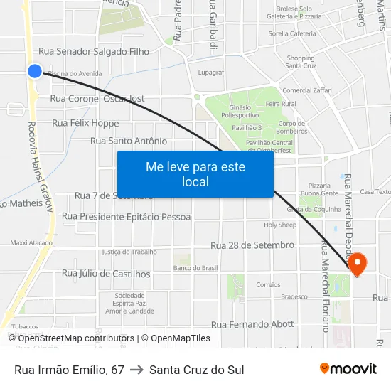 Rua Irmão Emílio, 67 to Santa Cruz do Sul map