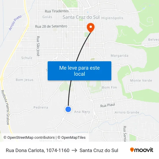 Rua Dona Carlota, 1074-1160 to Santa Cruz do Sul map