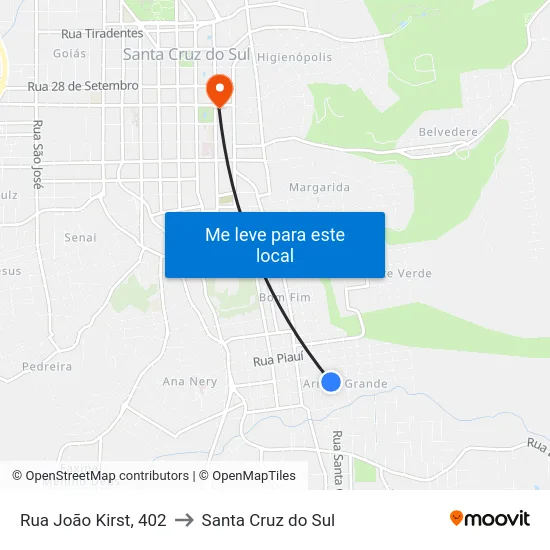 Rua João Kirst, 402 to Santa Cruz do Sul map