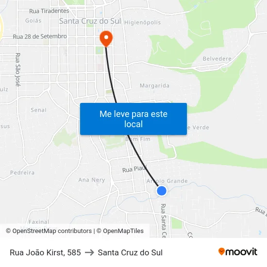 Rua João Kirst, 585 to Santa Cruz do Sul map