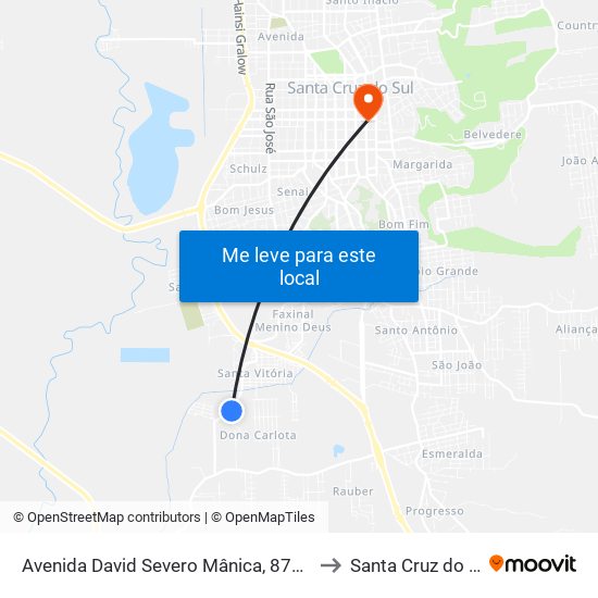 Avenida David Severo Mânica, 872-980 to Santa Cruz do Sul map