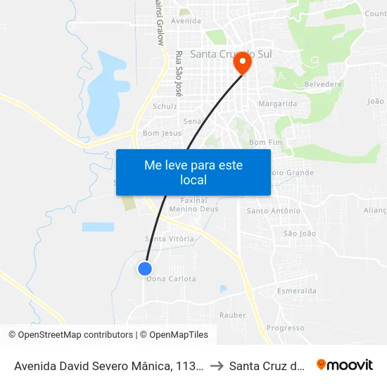 Avenida David Severo Mânica, 1134-1172 to Santa Cruz do Sul map