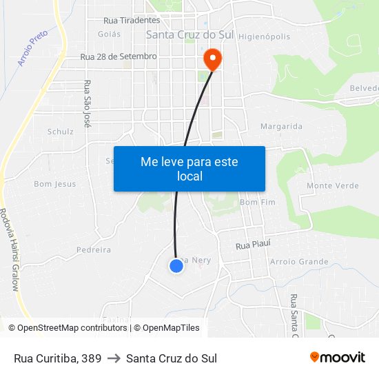 Rua Curitiba, 389 to Santa Cruz do Sul map