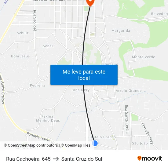 Rua Cachoeira, 645 to Santa Cruz do Sul map