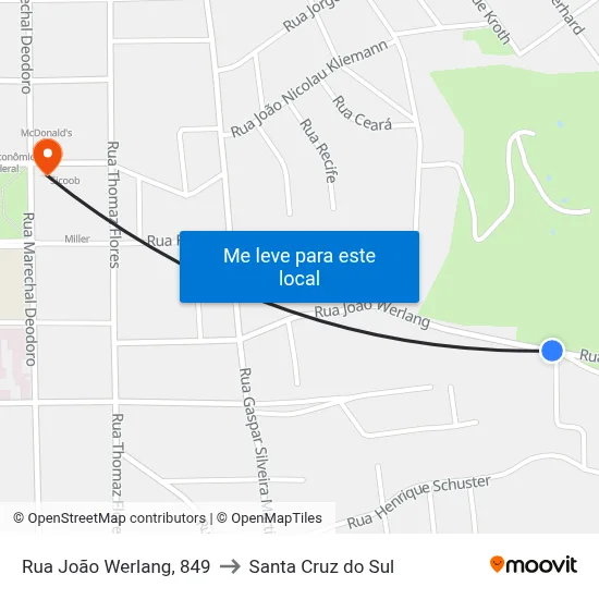 Rua João Werlang, 849 to Santa Cruz do Sul map