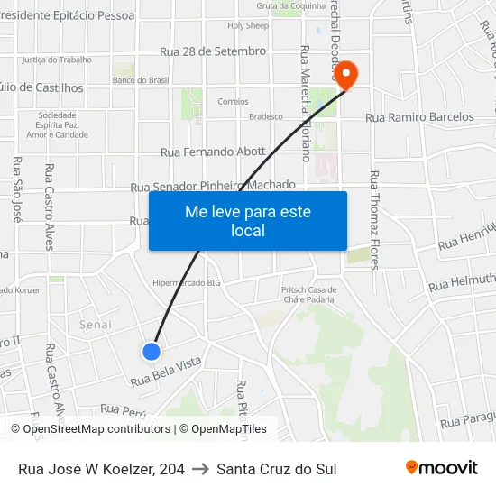 Rua José W Koelzer, 204 to Santa Cruz do Sul map