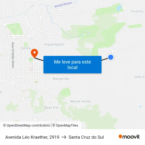 Avenida Léo Kraether, 2919 to Santa Cruz do Sul map