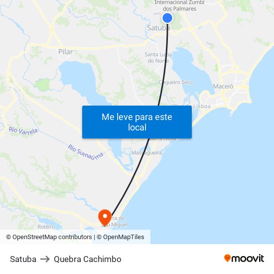 Satuba to Quebra Cachimbo map