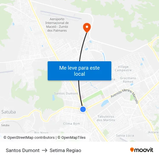 Santos Dumont to Setima Regiao map
