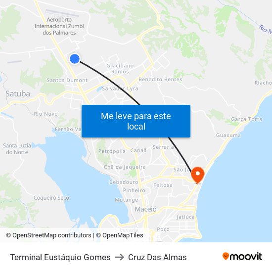 Terminal Eustáquio Gomes to Cruz Das Almas map
