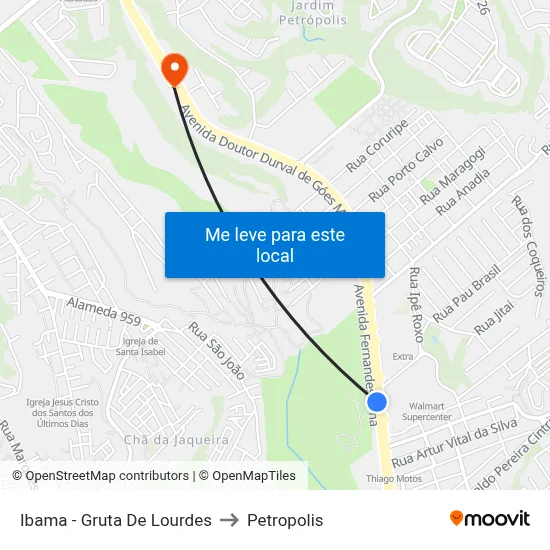 Ibama - Gruta De Lourdes to Petropolis map