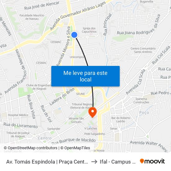 Av. Tomás Espíndola | Praça Centenário - Farol to Ifal - Campus Maceió map