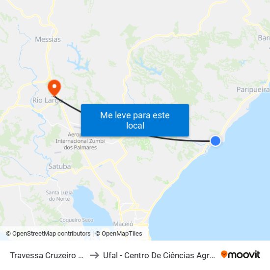 Travessa Cruzeiro 246 to Ufal - Centro De Ciências Agrárias map