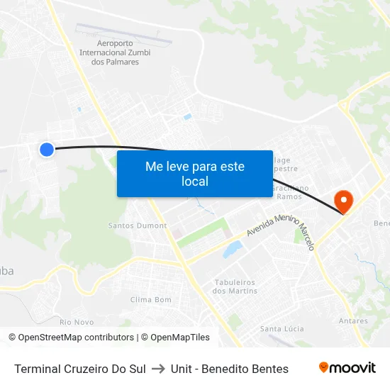 Terminal Cruzeiro Do Sul to Unit - Benedito Bentes map