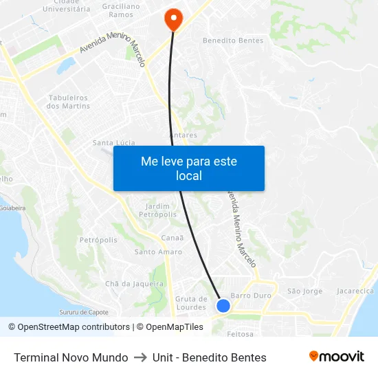 Terminal Novo Mundo to Unit - Benedito Bentes map