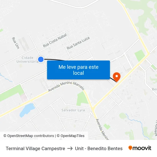 Terminal Village Campestre to Unit - Benedito Bentes map