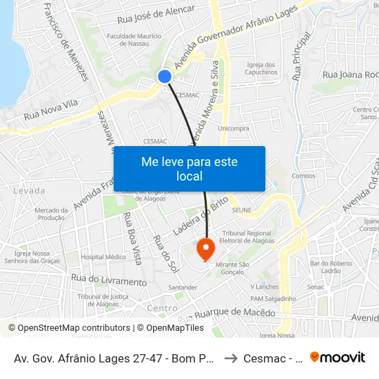 Av. Gov. Afrânio Lages 27-47 - Bom Parto Maceió - Al 57017-340 Brasil to Cesmac - Campus IV map