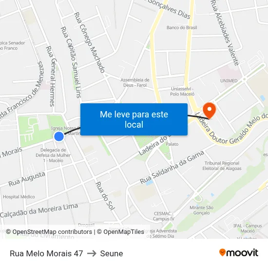 Rua Melo Morais 47 to Seune map