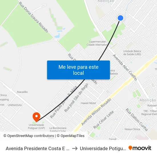 Avenida Presidente Costa E Silva, 1628 to Universidade Potiguar (Unp) map